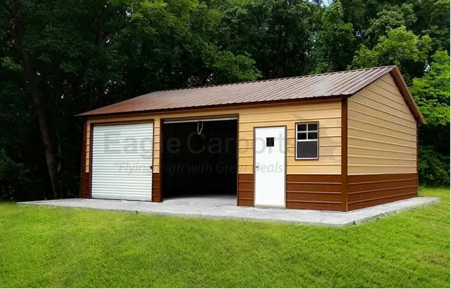 Tan metal garage with two roll-up doors