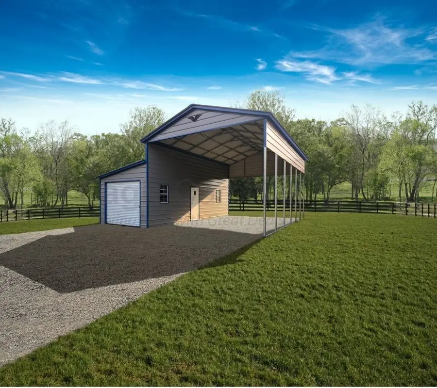 Metal barn with lean-to