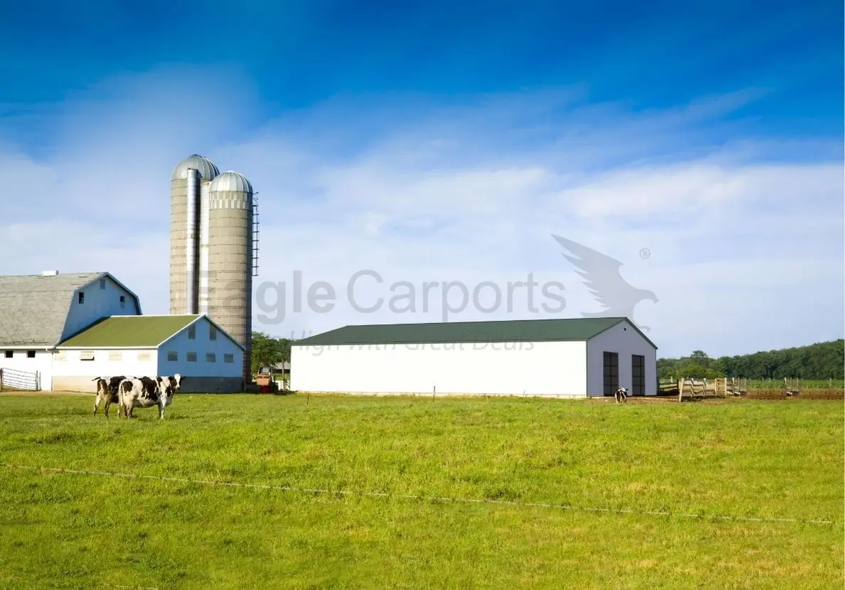White metal barn with silo
