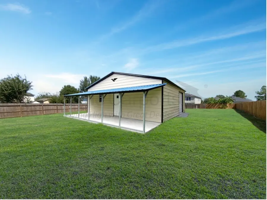 Metal carport in a backyard