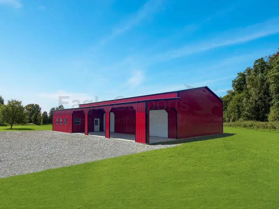 Red metal workshop with roll-up doors