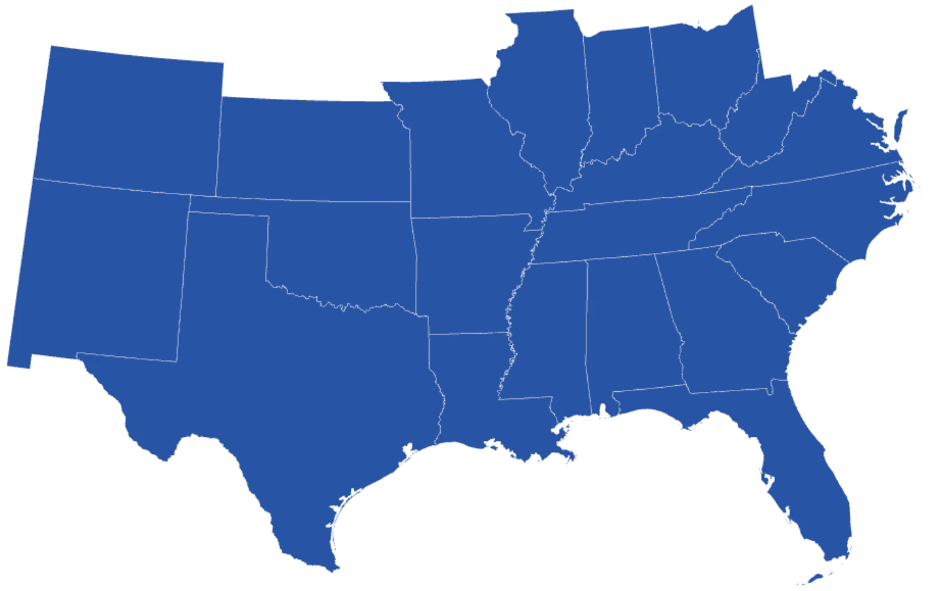 Map of the 21 states Skyline Metal Buildings installs in, across the Southeast, East Coast and Texas